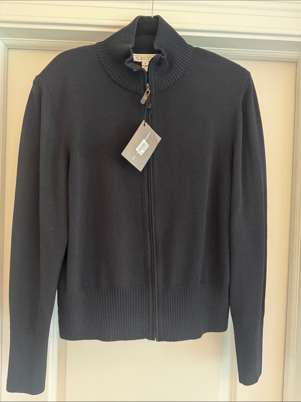 St. John Sport Black Zip-Front Ribbed Collar Sweater Cardigan